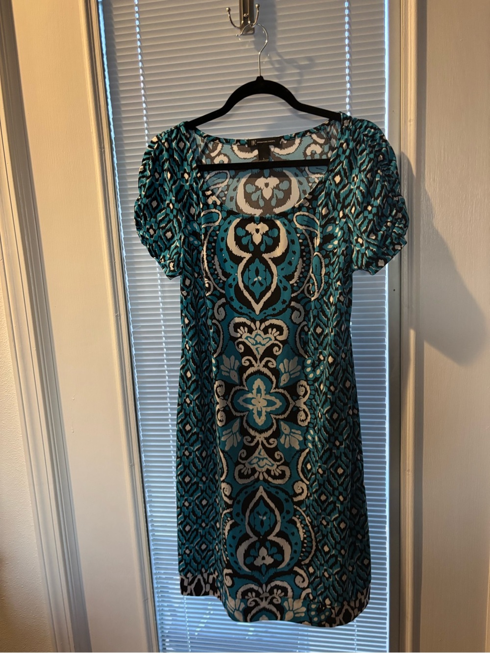 INC International Concepts Teal, Black and White Printed Midi Dress